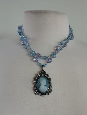 PalmBeach Jewelry Blue Cameo Pendant Necklace And Earring Set with Faceted Beads